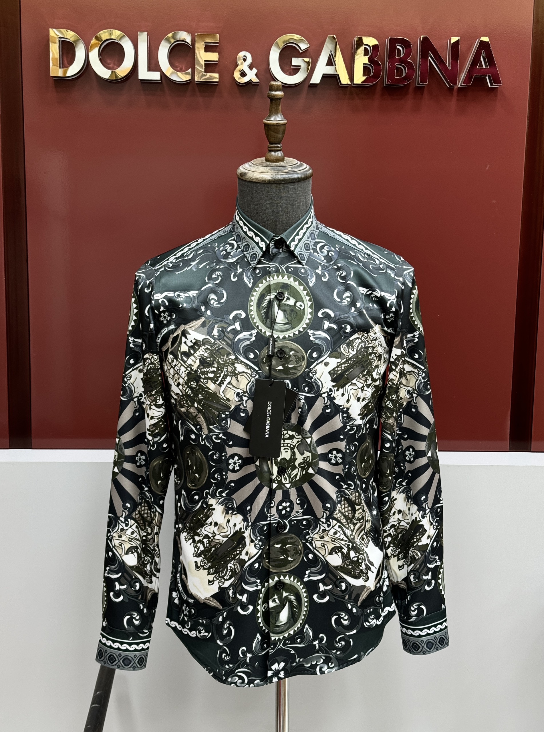 Áo sơ mi dài tay Dolce Gabbana DG Xanh rêu họa tiết hoa văn ngựa Like Auth on web CD